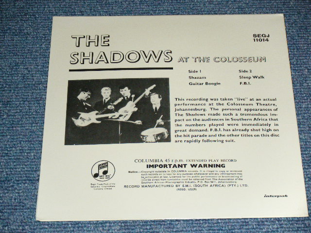 画像: The SHADOWS - AT THE COLOSSEUM  ( MINT-/MINT- ) / 19?? SOUTH AFRICA  ORIGINAL Used 7" EP