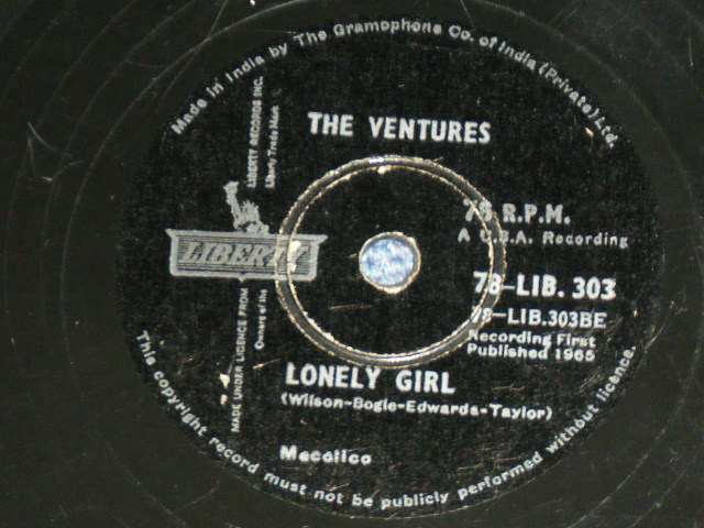 画像: THE VENTURES - DIAMOND HEAD / LONELY GIRL  / 1964 INDIA ORIGINAL Used 10" 78 rpm SP 