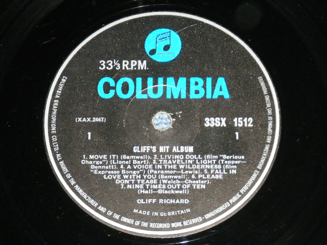 画像: CLIFF RICHARD with THE SHADOWS & THE DRIFTERS - CLIFF'S HIT ALBUM ( Ex+++,Ex/Ex+++ ) / 1963  UK ORIGINAL 1st Press "BLUE Columbia Label" Used  MONO LP 