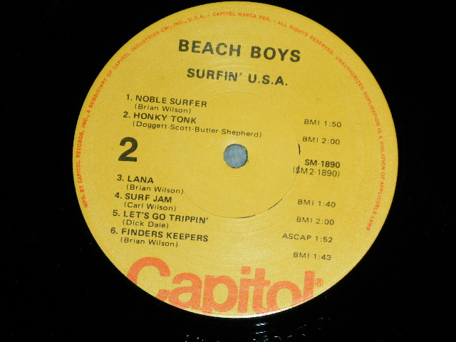 画像: The BEACH BOYS - SURFIN' USA (12 TRACKS)  ( A) SM-1-1890-J-3        B)SM-2-1890-J-3) ( Ex+++/MINT- ) / 1977 US AMERICA "YELLOW with ORANGE CAPITOL Logo on Label"  REISSUE UsedLP