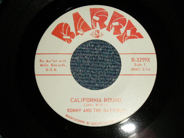 画像1: RONNY AND THE DAYTONAS - A)CALIFORNIA BOUND  B)HEY LITTLE GIRL  (MINT-/MINT-) / 1964 CANADA ORIGINAL Used 7" 45rpm Single