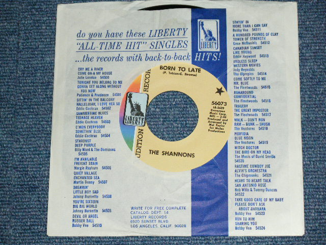 画像1: THE SHANNONS ( PRODUCED  by MEL TAYLOR of The VENTURES ) - BORN TOO LATE ( Ex+++/Ex+++ ) / 1968 US ORIGINAL Audition Label Promo 7"SINGLE